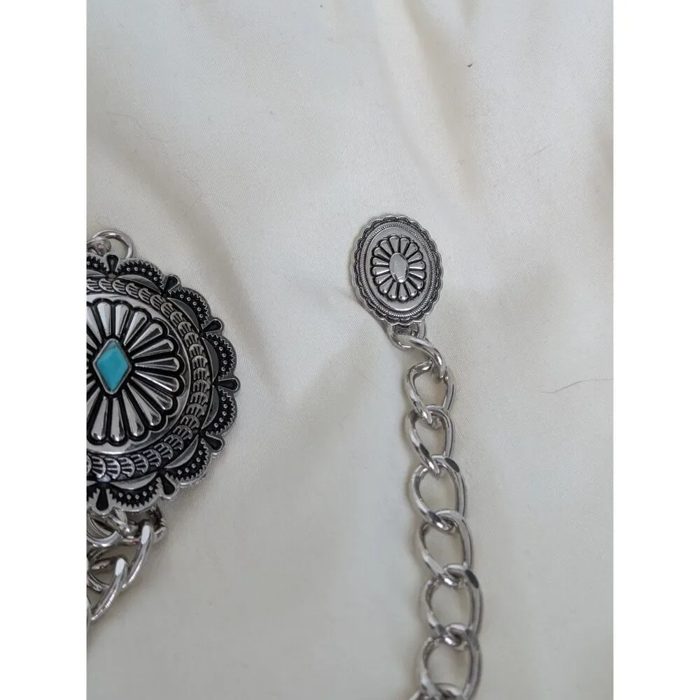 Y2K Boho Layered Silver Turquoise Medallion Detail Chain Belt OS Fits Most